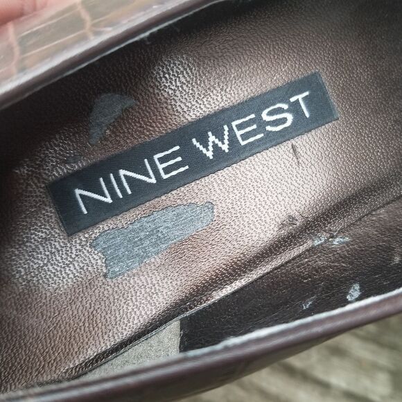 Vintage 90s y2k Brown Leather Croc Embossed Square Toe Chunky Heel Pumps 7 - Picture 14 of 14